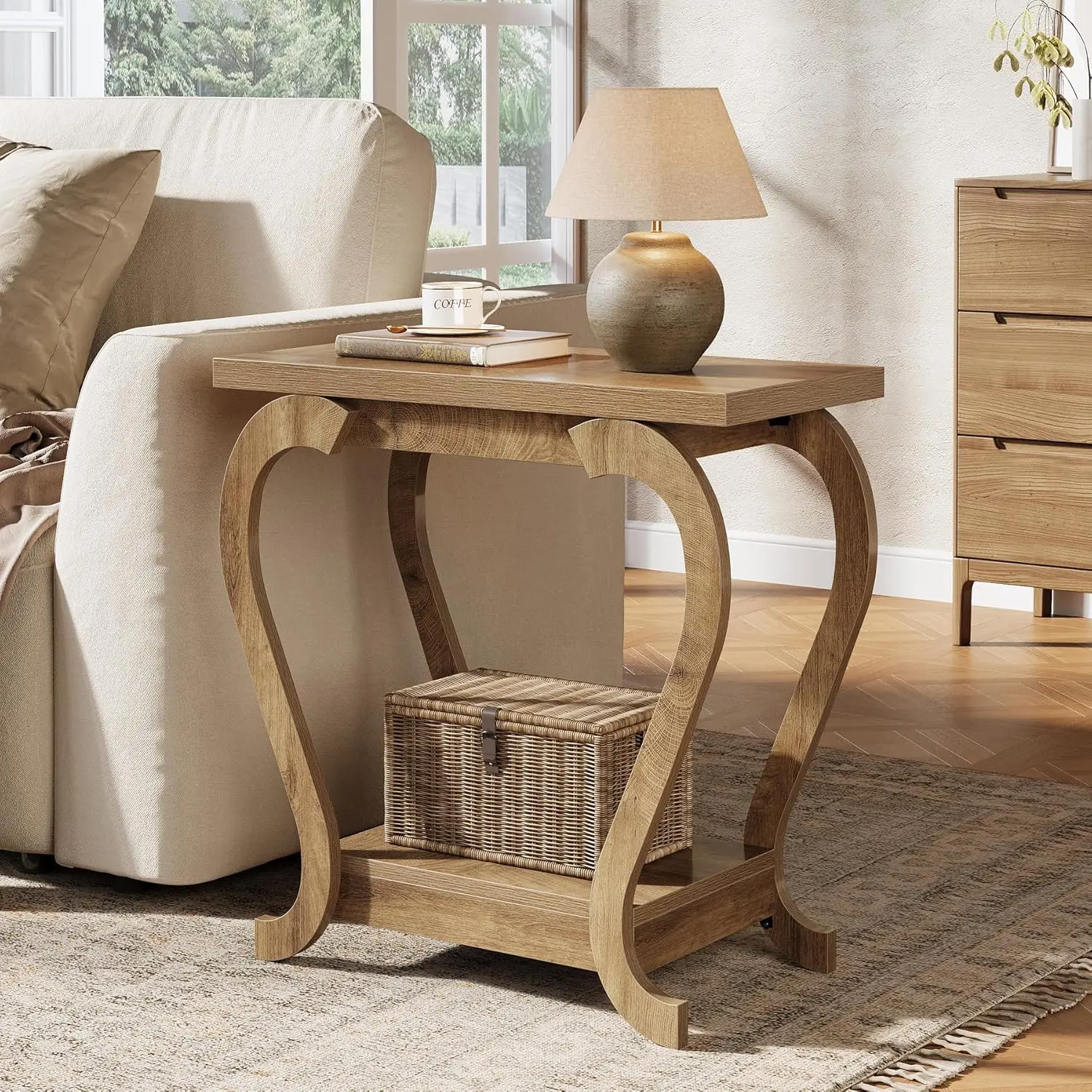 TRIBEWOOD Modern Wooden End Table - Farmhouse Nightstand, Narrow Sofa Side Table with 2-Tier Storage Shelves, Indoor Accent Furniture for Living Room, Small Spaces, Wooden Table