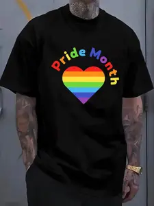 Men'S Black Tee Showcasing a Rainbow Heart in Celebration of Pride Month, Crafted for a Chic Yet Laid-Back Style.Great for Daily Wear, This Comfortable Urban Apparel Is Perfect for Relaxing Outdoors in The Spring And Summer, Plus Size