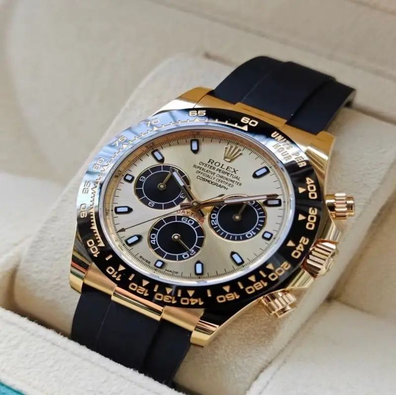 ‮ XELOR  ‬Cosmograph Daytona Champagne Dial Black Ceramic Bezel Oysterflex Rubber Strap Gold Case Automatic Chronograph Men Wrist Watch