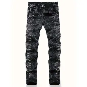 Men's Slim-Fit Rivet-Studded Denim Jeans - Punk Style, Stretch Cotton Blend, Perfect for Nightclubs & Streetwear