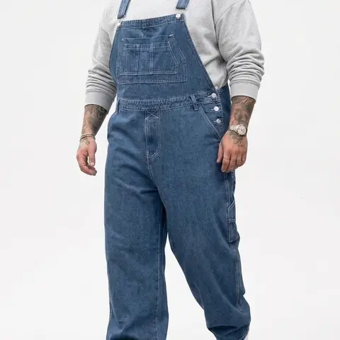 Men's Big & Tall Solid Heavy-Duty Denim Bib Overalls - Fashion Casual, Plain Denim, Loose-Fitting Straight Leg Jumpsuits, Adjustable Straps, Multi Pockets, All Seasons, Machine Washable, Line Dry, No Bleach, Factory Worker Clothes, Fashion Casual Overalls