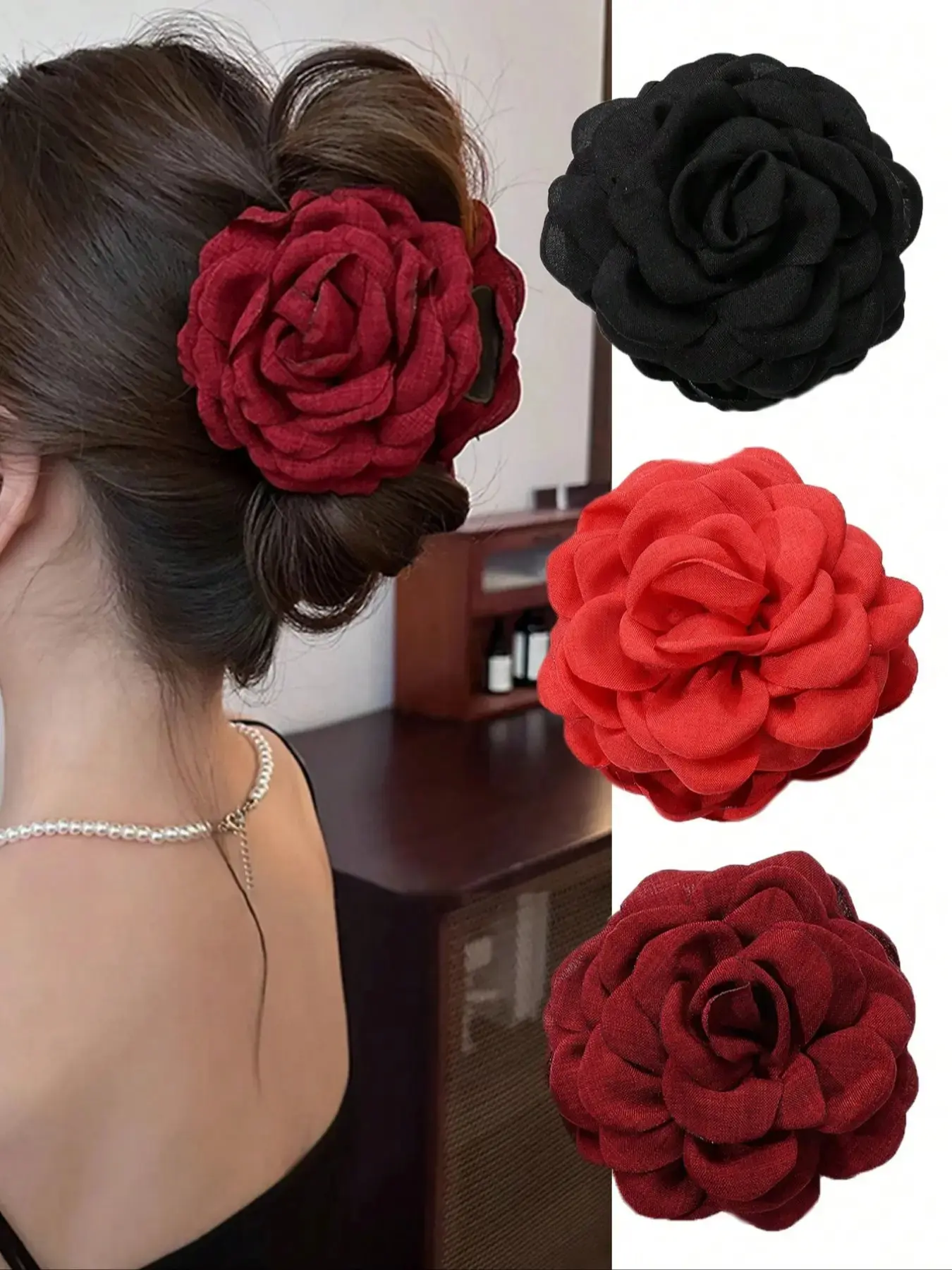 3 Pack Elegant Large Multi-Layer Rose Flower Hair Claw Clips For Women Non Slip Stylish Hair Accessories Secure Updo Holders Daily Party Wedding Bridal Hairstyle Decor Ideal Holiday Gift For Girls Ladies