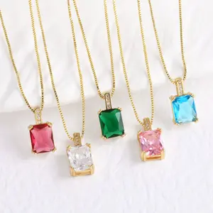 [FLAME] Trendy 18K Gold Plated Emerald Cut Green Emerald Pendant Necklace, Iced Out CZ Halo, Versatile Box Chain for Summer Stackable Wear & Gift