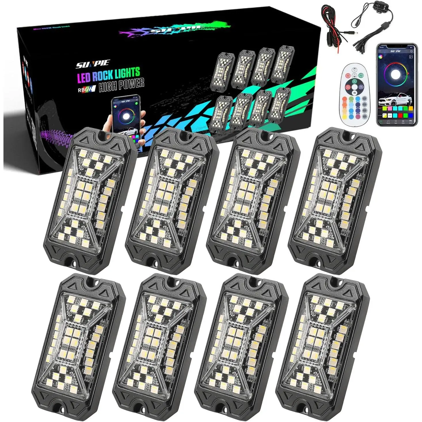 SUNPIE RGBW Rock Lights, Full Beam Angle, 30 High Power Chips, Aluminium Metal, IP68 Waterproof, Includes Mounting Pads , Remote Control，Music Mode Underglow Lights for Off Road Truck SUV ATV UTV Boats