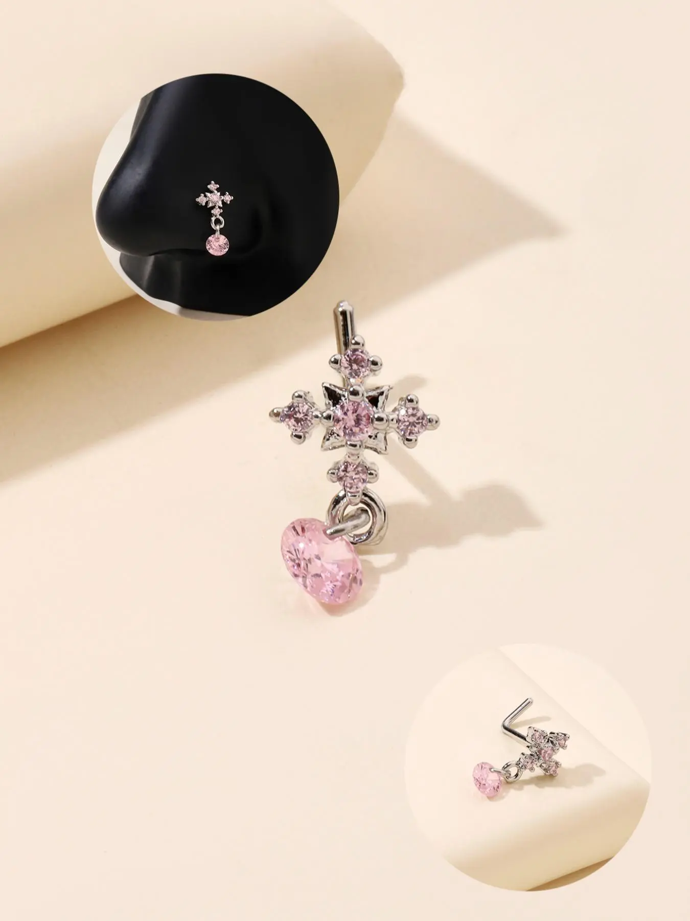 Rhinestone Decor Cross Design Charms Gems Nose Ring, Triple Nose Stud, Elegant L Shaped Nose Piercing Jewelry for Women & Girls, Fashion Jewelry for Party, Daily Clothing Decor, Birthday Gift, Body Jewelry