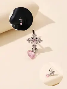 Rhinestone Decor Cross Design Charms Nose Ring, Triple Nose Stud, Elegant L Shaped Nose Piercing Jewelry for Women & Girls, Fashion Jewelry for Party, Daily Clothing Decor, Birthday Gift