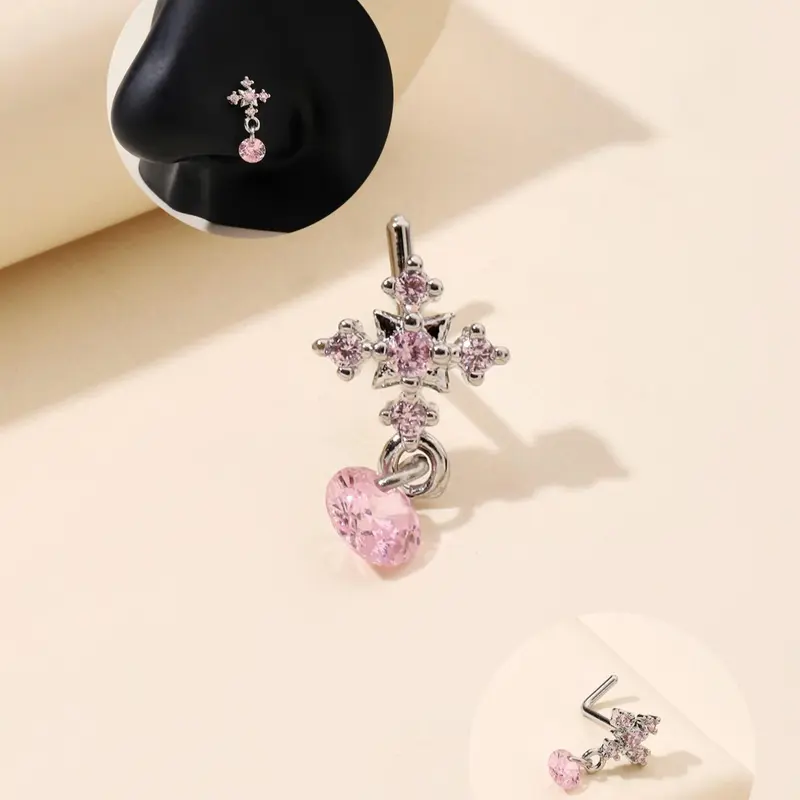 Rhinestone Decor Cross Design Charms Gems Nose Ring, Triple Nose Stud, Elegant L Shaped Nose Piercing Jewelry for Women & Girls, Fashion Jewelry for Party, Daily Clothing Decor, Birthday Gift, Body Jewelry