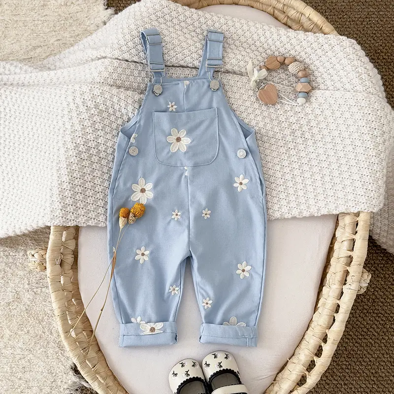 Toddler Kids Baby Boy Girl Overalls Flower Embroidery Blue Casual Loose Straps Trousers Romper Jumpsuit Spring Autumn Bodysuit