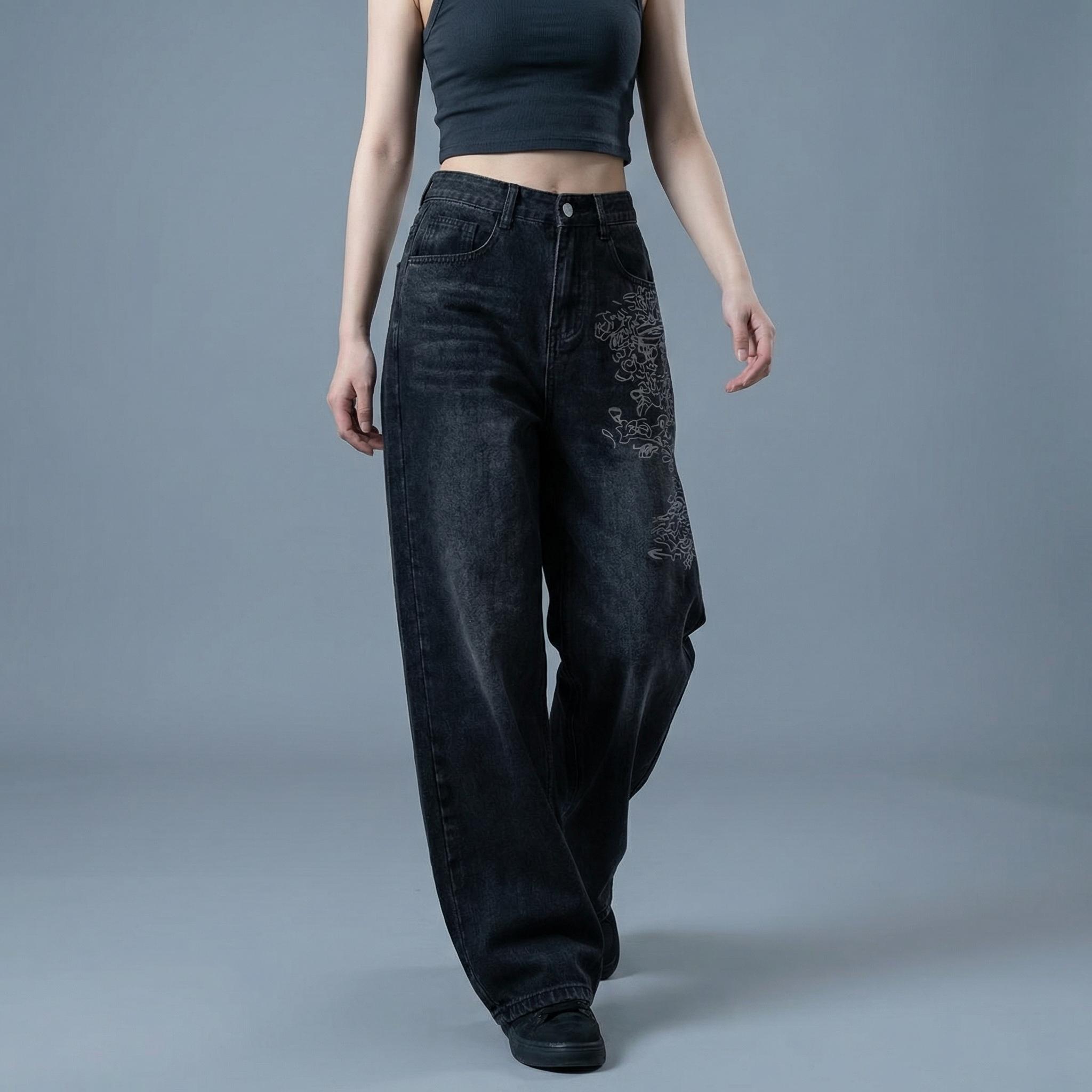 Women's Baggy Wide-Leg Jeans Comfortable Relaxed-Fit Washed Black Denim Pants with Y2K Cybersigilism Gothic and Vintage Grunge Embroidery Streetwear