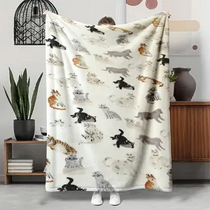 Rustic Farmhouse Decor Polyester Flannel Blanket - Tightly Woven Cozy Cartoon Cat Print, All Season Machine Washable, Lightweight Warmth for Bed, Couch, Travel-Ready