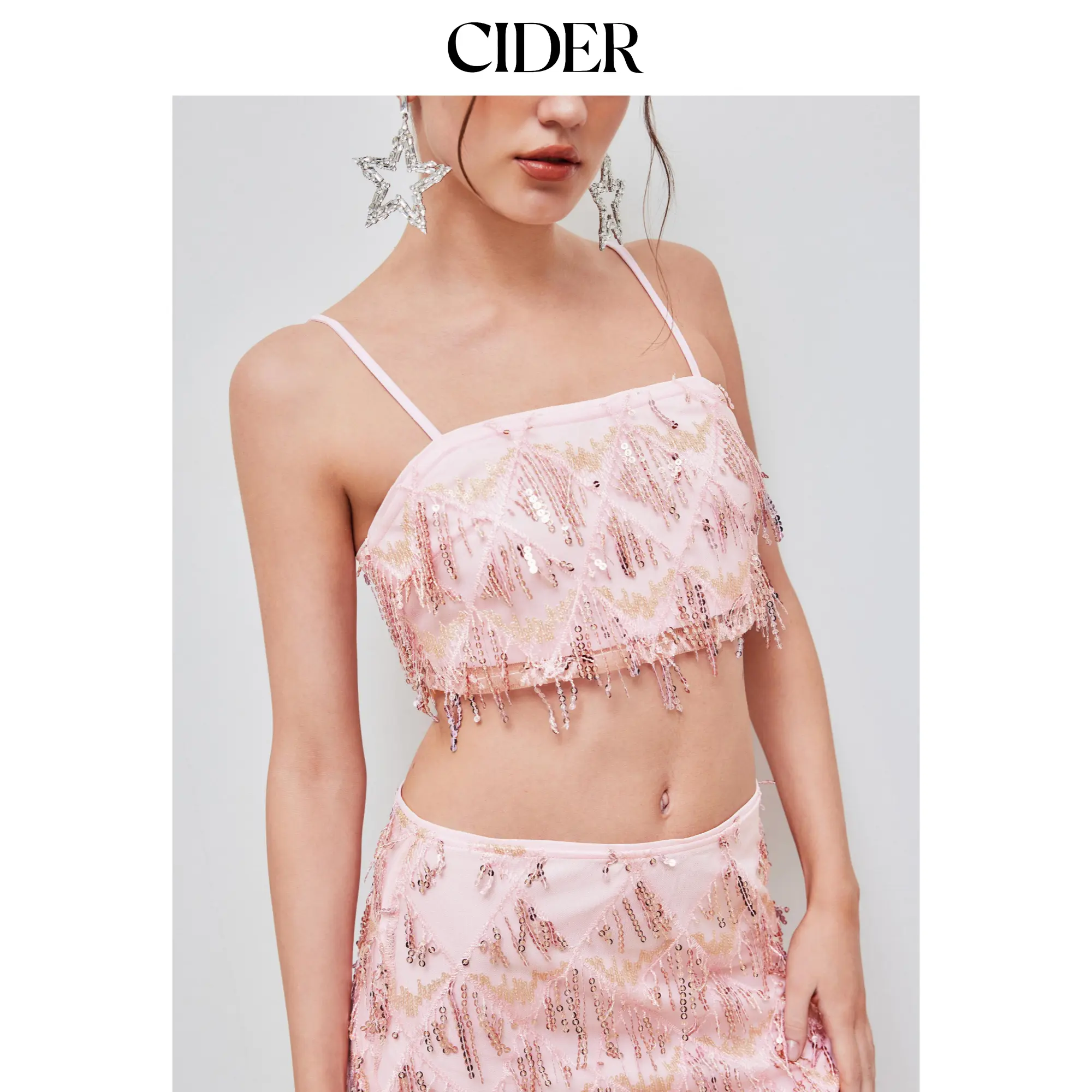 Cider [3 colors, size 2-10] Sequins Tassel Crop Cami Top, Clothes, Sparkly, Sleeveless, Fitted, Glitter, Fashion, Solid, Sexy, Polyester