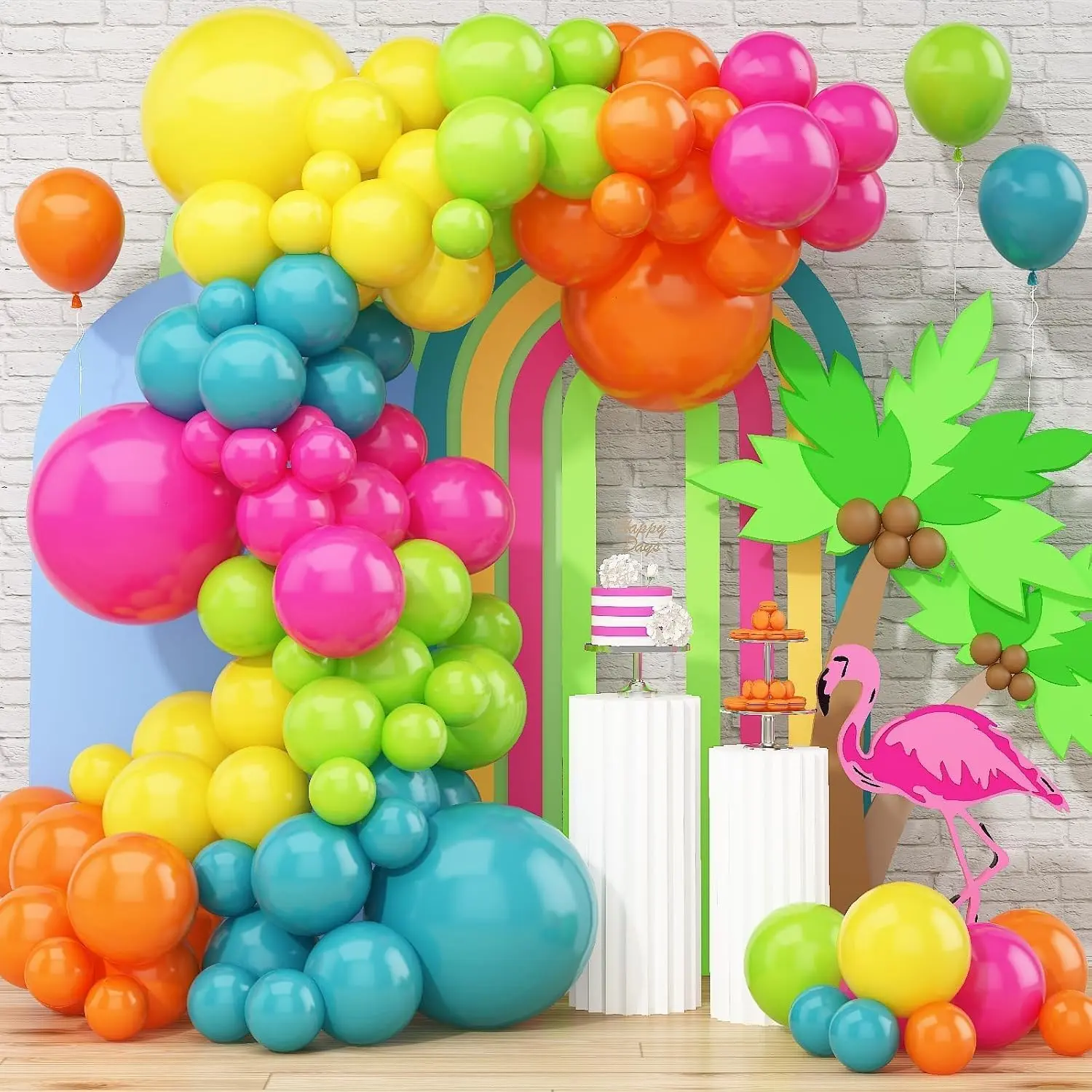 Rainbow Neon Balloon Arch Kit 141 Pcs Hot Pink Lime Green Orange Tropical Party Balloons