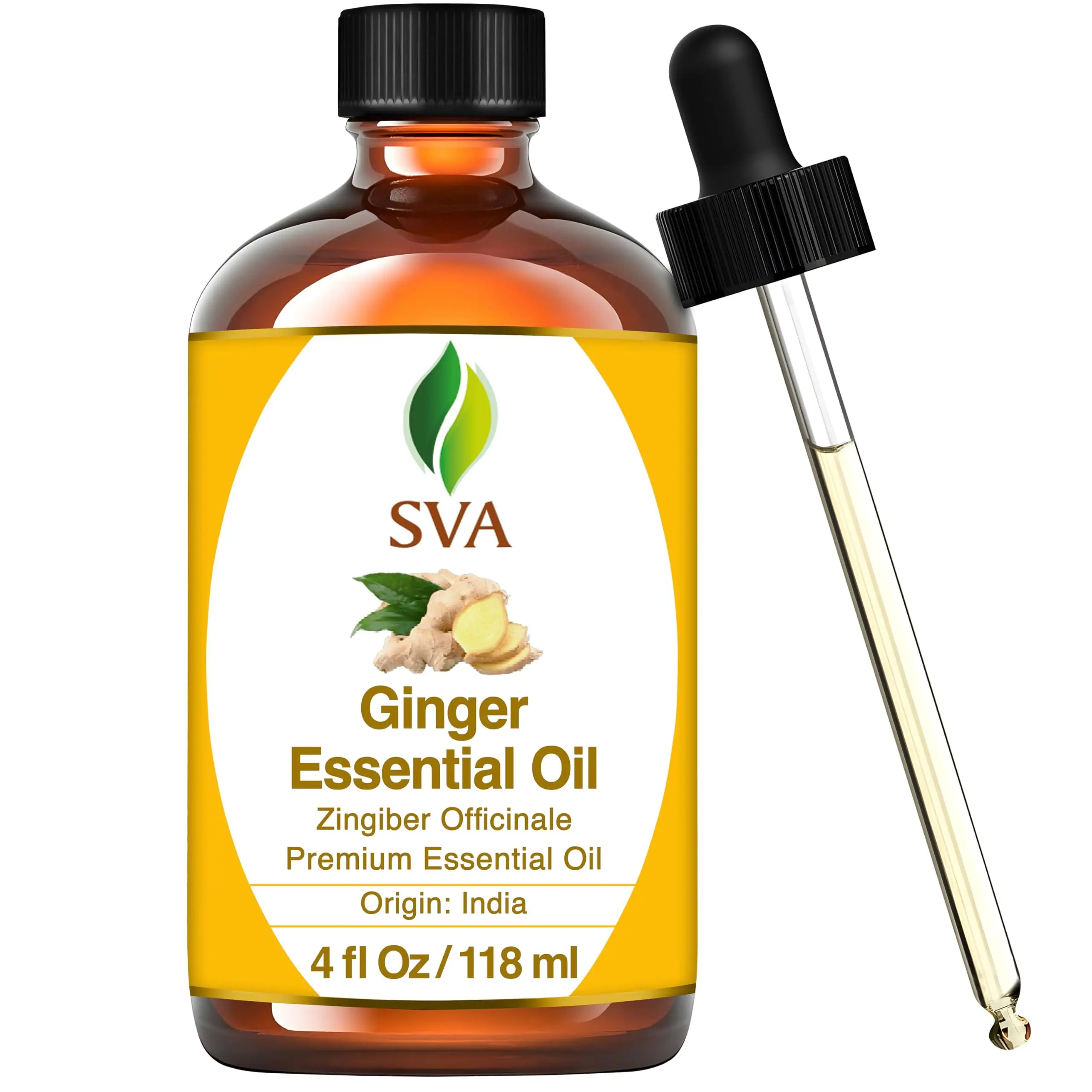 SVA 100% Natural Pure Ginger Essential Oil - 4 Fl Oz Spicy Scented with Dropper, Therapeutic Wellness Self Care, Aromatherapy Massage Use, 24-Month Shelf Life, Essential Oils Lifestyle Single Item