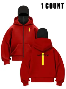 Unisex "Game World" Red Techwear Hoodie | Oversized Zip-Up Cyber Streetwear Pullover | Comfortable Fleece-Blend Casual Hoodie | Stylish Everyday & Gamer Streetwear Outfits | Relaxed Fit Techwear Graphic Hoodie