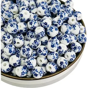 120 count Flower Ceramic Craft Beads Threading Ball Bracelets Beads Colorful Bead Set Chinese Porcelain Bead for DIY  Arts Crafts Necklace Bangle (Blue 8mm)