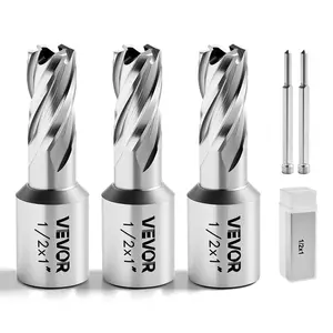 Summervibes VEVOR Annular Cutter Set, 5 pcs Weldon Shank Mag Drill Bits Kit, 1 Cutting Depth, 1/2 Cutting Diameter, HSS, 3 Drill Bits with 2 Pilot Pins and 3 Plastic Cases, for Magnetic Drills, Steel, Aluminum