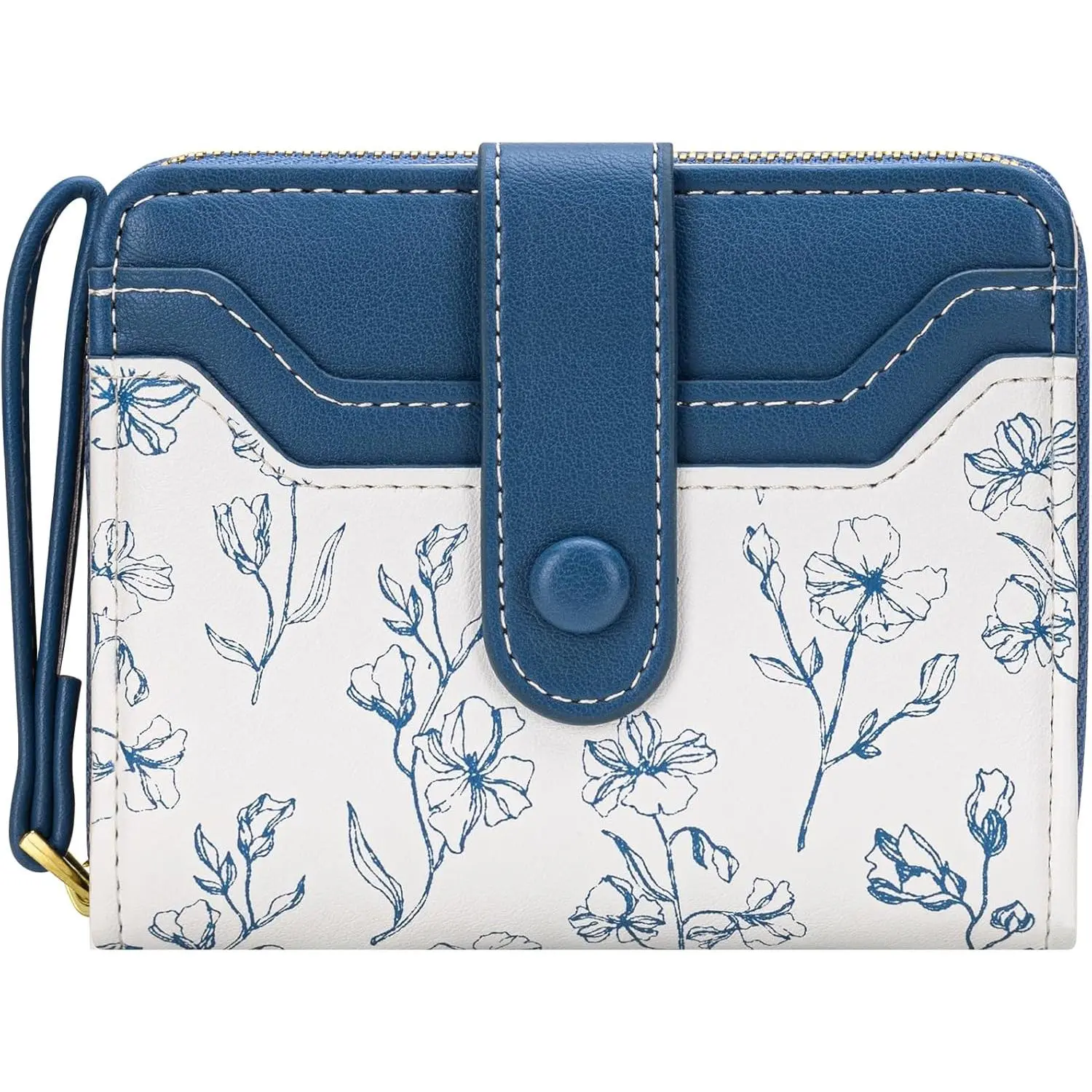 Wallet for Women Cute Floral Flower Wallet RFID Credit Card Holder Purse Small Bifold Zipper  Pocket Purse with ID Windows (Marine Blue)
