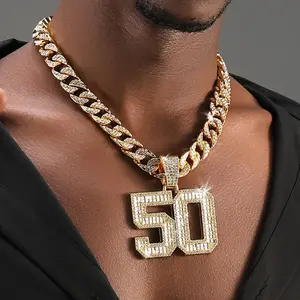 Fashion Hip-hop Style Men's Pendant Necklace, Number 50 Pendant with Cuban Chain Necklace, Holiday Birthday Gift for Son, Boyfriend and Husband, with Gift Box