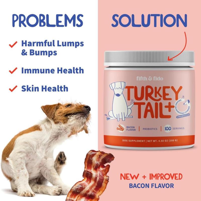 Fifth & Fido Turkey Tail+ - Dog Food Topper with Probiotics for Lipomas, Immune Support & Gut Health - 100 Servings - Bacon Flavor - Natural Allergy Relief - Supplements