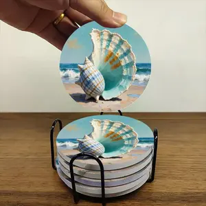 6-piece ceramic coaster set, featuring a beach seashell design: a harmonious blend of clear ocean and sand. These heat-resistant, non-slip coasters with stands are perfect for home, dining, and as beverage mats.