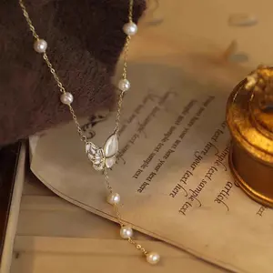 Butterfly Lariat Pearl Y Drop Necklace,18K Gold Plated Freshwater Pearl Zircon Shell Dainty Adjustable Chain Necklace, Quiet Luxury Jewelry for Daily & Wedding Party Gift