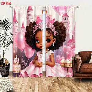 2D Flat  Pink Princess Theme Curtain 2-Piece Set, Whimsical Black Girl Princess Illustration with Castle Cake & Balloons, Pastel Royal Birthday Decor, Soft Ruffled Curtains for Bedroom Living Room Window Drapes