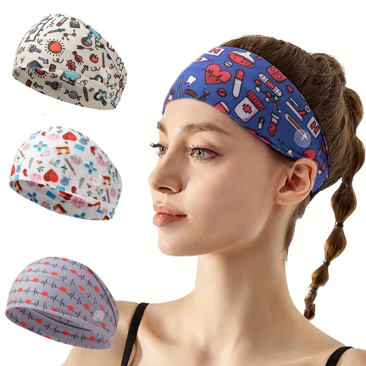 4 Pack Women's Fashion Headbands with Buttons, Wide Floral Polyester Hair Band Set for Nurses, Non-Slip for Training, Fashion Apparel, Flowers, Headbands For Women, Female