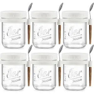 6 Pack Overnight Oats Containers with Lids and Spoons, 16 oz Glass Mason Overnight Oats Jars, Large Capacity Airtight Jars for Milk, Cereal, Fruit(White)
