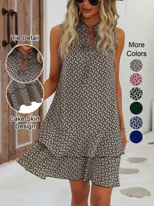 Women's Geometric Print Bow Dress, Casual Fitted Multi-Layered Woven Dress for All-Seasons Wear
