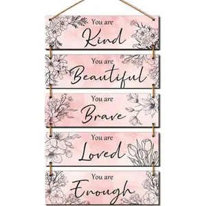 5 Pieces Pink Wall Decor for Girls Floral Wooden Wall Hanging Wall Art Teen Women Bedroom Decor with Inspirational Quote You Are Kind You Are Beautiful You Are Brave You Are Loved You Are Enough(Pink)