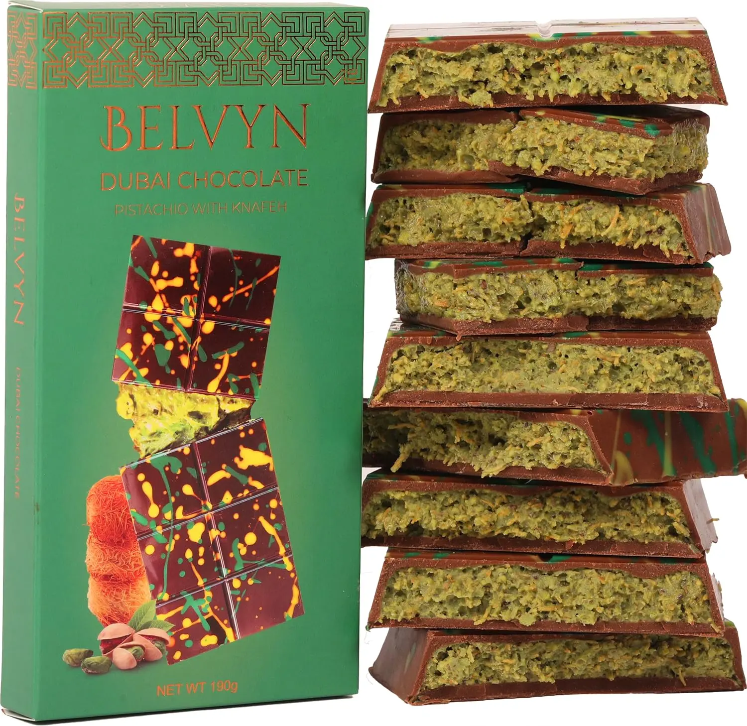 Belvyn Dubai Chocolate Bar Pistachio Deluxe 7 oz Bar with Rich Milk Chocolate, Luscious Pistachio Filling & Crisp Kataifi Threads - Snack