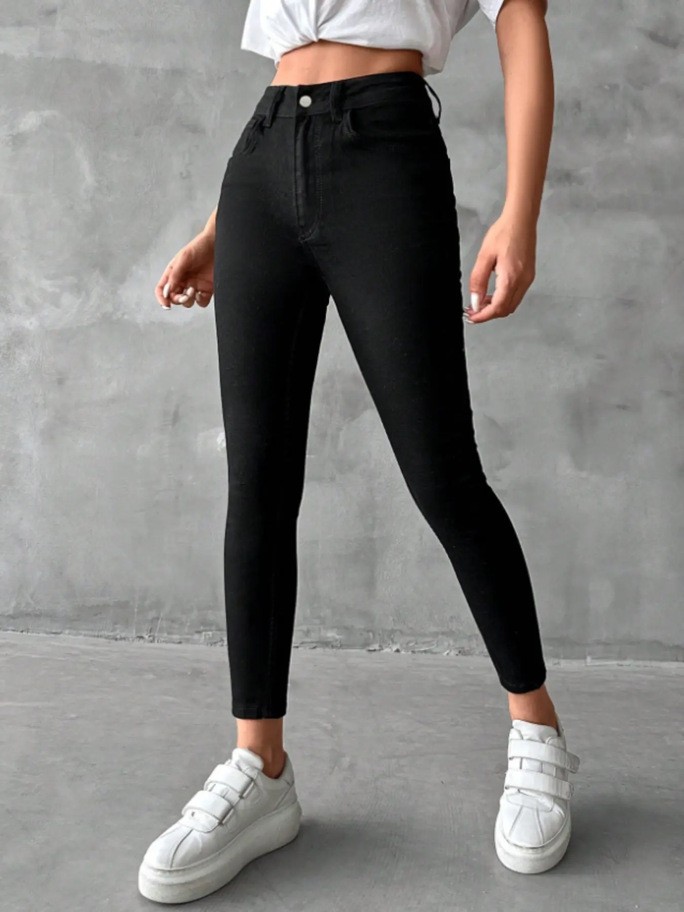 Women's High Waist PU Denim Jeans, Elastic Coated Button Fly Design, Comfortable Stretch Fabric, Perfect Fit for Daily Wear
