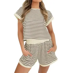 Tankaneo Women’s Summer Two-Piece Outfit Striped Short-Sleeve T-Shirt & Shorts Loungewear Set Soft Knit Fabric Comfortable & Breathable