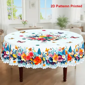 1pc, Spring Summer Themed Party Tablecloth, Colorful Butterfly Floral Printed Design, Rectangular/Round/Oval Table Cloth, Embossed Edges, Suitable For Picnic Dinner Kitchen Dining Room Decoration