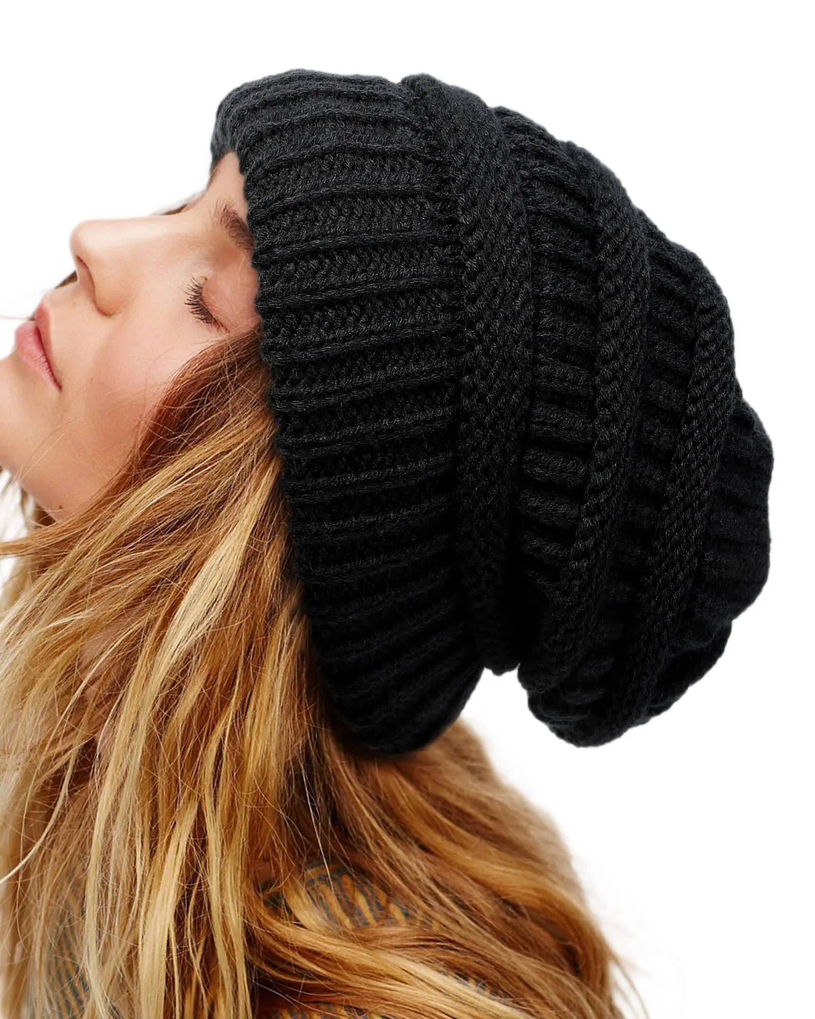 Women's Fashion Thick Satin-Lined Slouchy Cable Knit Winter Beanie, Warm for Skiing & Daily Wear