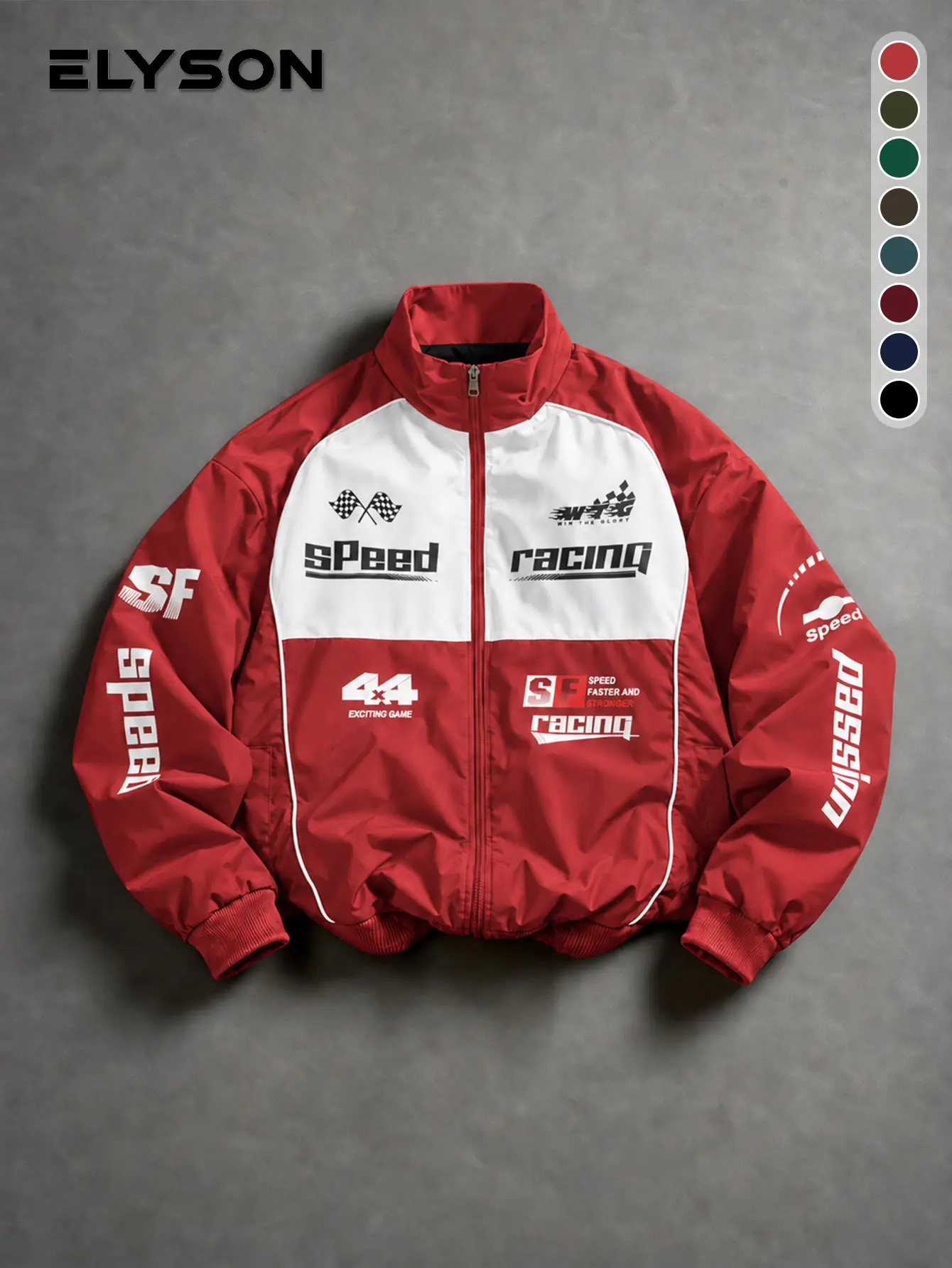 Men's stand collar color-block racing-style zip-up street jacket with contrasting letter print