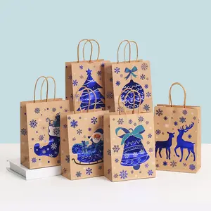 10pcs Christmas Gift Bags, Blue Color Handheld Packaging Bags, Gold Foil Embossed Design, Perfect for Holiday Gifts & Presents, Party Gift Packs