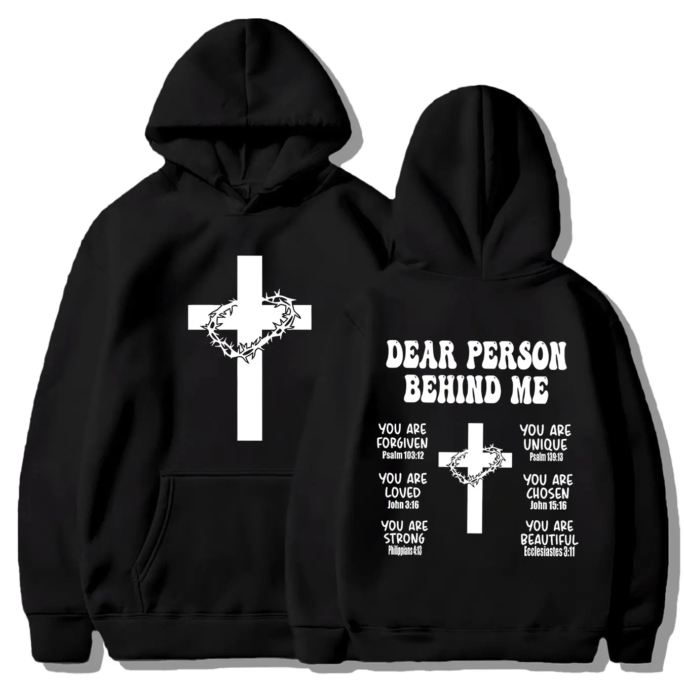 Christian Fitted Hoodie with Bible Verse, Long Sleeve Inspirational Sports Sweatshirt, Faith Cross Graphic Printed Pullover Hoodie, Casual Fall & Winter Wear, Printed Hooded