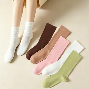 5 Pairs Women Solid Color Slouch Crew Socks, Soft Breathable Stretchy Cotton Mid Calf Stackable Socks, Fashion Casual Calf High Socks Perfectly Matching Skirts, Dress Shoes and Various Daily Outfits