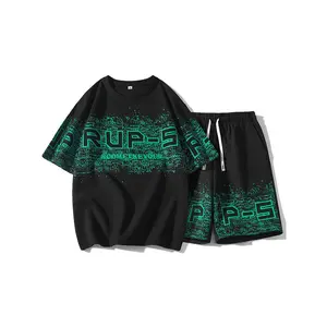 Urban Code Vibe Mens Digital Print Sweat Suit Set Oversized Fit T-Shirt with Modern Graphic and Coordinating Shorts for City Streetwear and Night outs