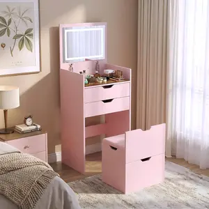 3-in-1 Vanity with Mirror and Lights, Modern Compact Vanity Table with 3 Storage Drawer, Small Makeup Vanity Desk, Dressing Table with Cushioned Stool for Bedroom, Cloakroom ( Pink)
