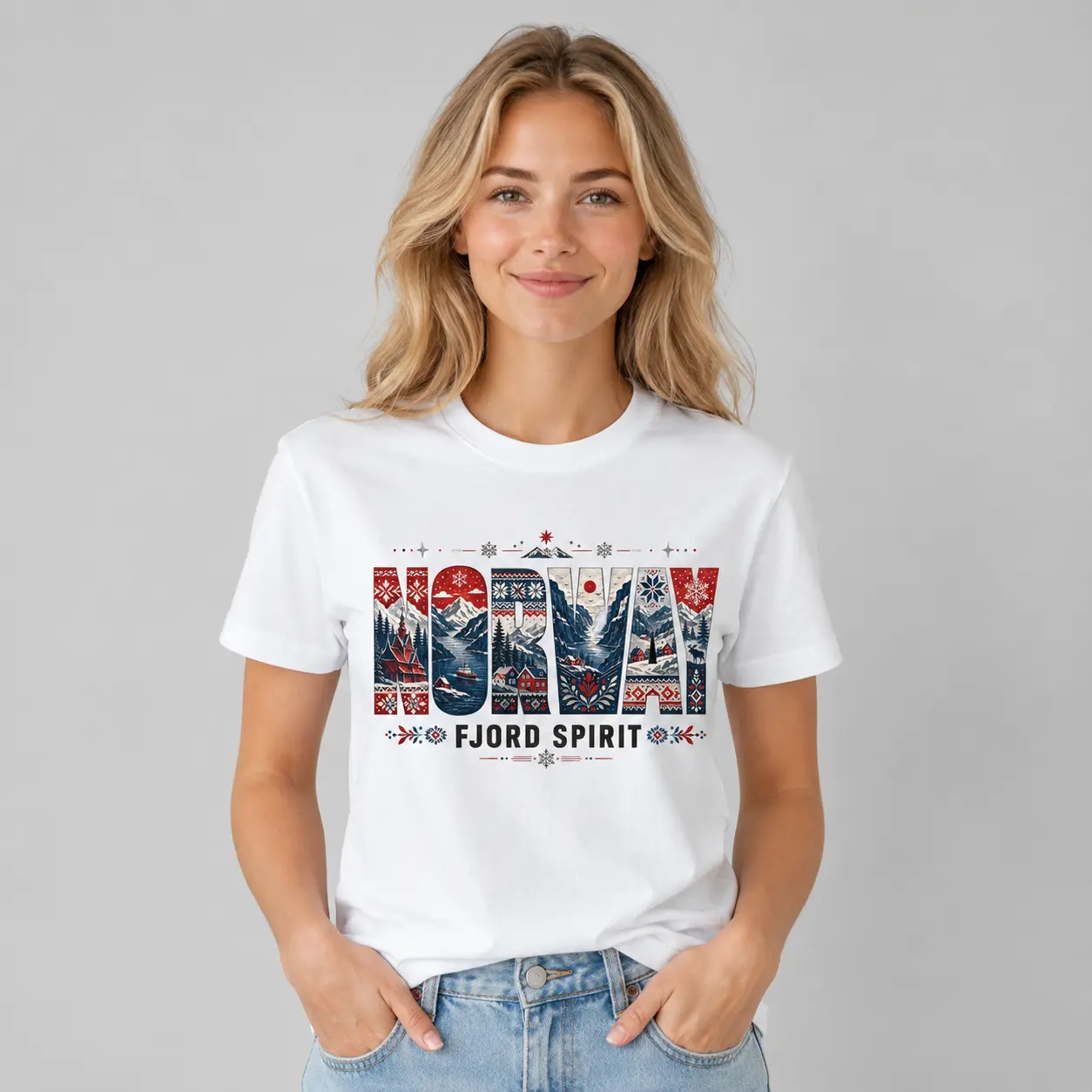 Women’s Fjord Spirit Graphic Tee, Mountain Landscape Letter Print Shirt, White Casual Travel Inspired T-Shirt, Alpine Adventure Top, Nordic Style Winter Nature Tee, Outdoor Vacation Outfit, Gift for Her