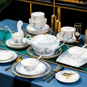 Luxury Qianli Jiangshan Landscape Ceramic Dinnerware Set 18/30 Pcs Porcelain Dinnerware Sets Heat Resistant Porcelain Tableware Microwave Oven Dishwasher Safe Ideal For Daily Home Use Festival Housewarming Gift