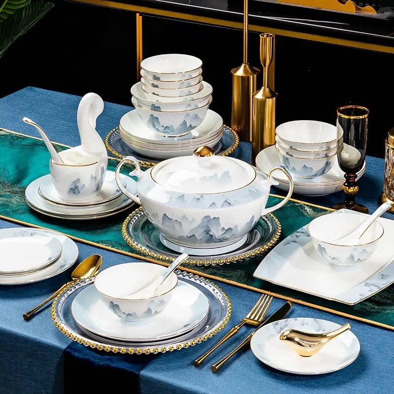 Luxury Qianli Jiangshan Landscape Ceramic Dinnerware Set 18/30 Pcs Porcelain Dinnerware Sets Heat Resistant Porcelain Tableware Microwave Oven Dishwasher Safe Ideal For Daily Home Use Festival Housewarming Gift