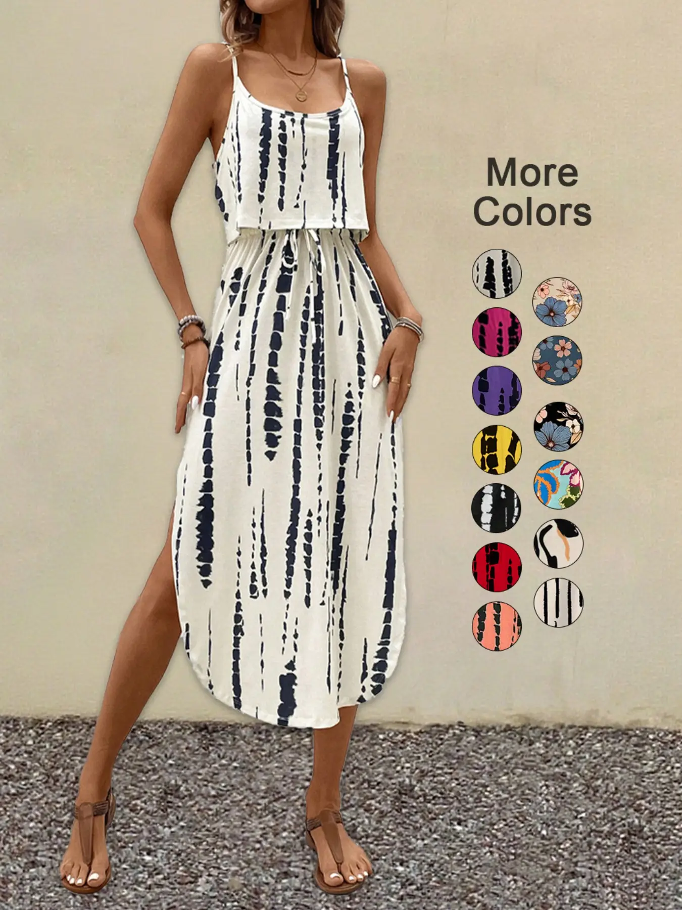 Women's All Over Print Tie Front Split Thigh Cami Dress, Casual Sleeveless Spaghetti Strap Long Dress for Summer, Ladies Clothes for Beach Holiday, Sl