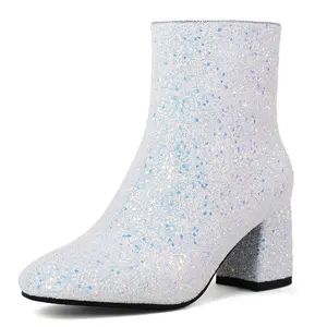 Women's Sequin Glitter Ankle Boots Chunky Heels Sparkly Booties