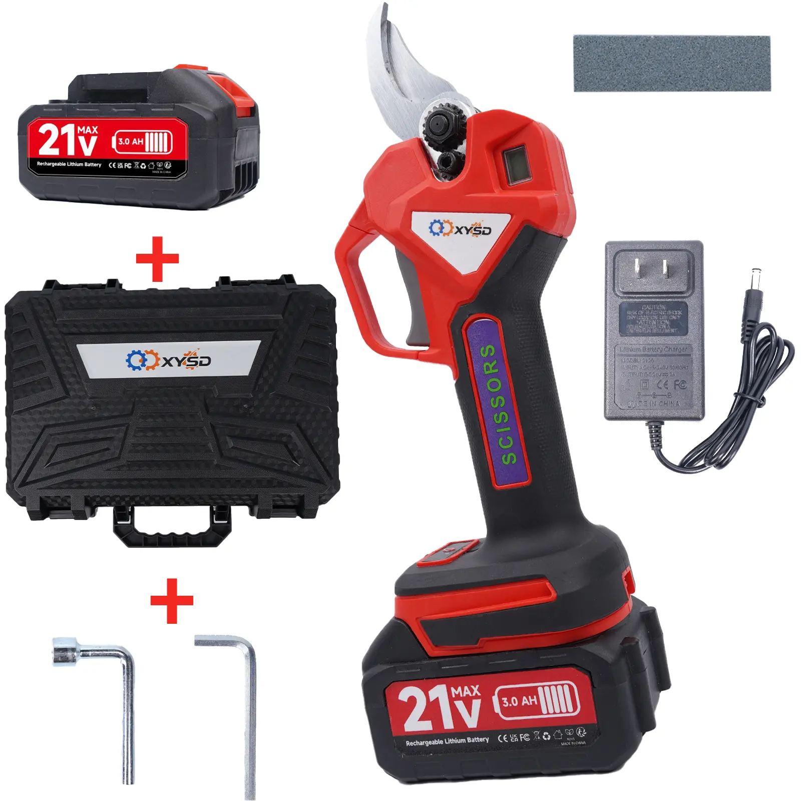 XYSD 21V Brushless Motor Cordless Pruning Saw Full Tool Kit, 50mm (1.96in) Cutting Diameter, Ambidextrous Portable Garden Tools with LCD Display, SK5 Blades, Auto Sleep Function & Storage Box for Tree Trimming