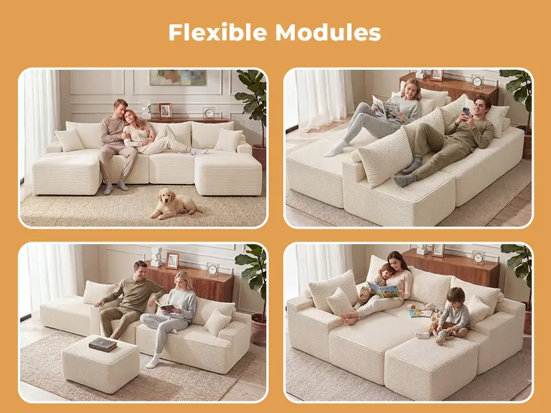 【1-2 Packages】118" U Shaped Boneless  Sectional Sofa bed with 2 Pillows, 6-Seater Oversized Modular Couch, Comfy Corduroy Cloud Sofa with Deep Seat, Fluffy Cozy Sofa for Living Room, No Assembly Required