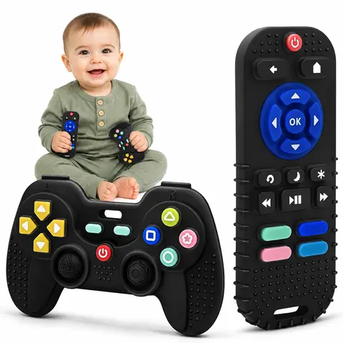 Silicone Baby Teething Toys, Remote Control & Game Controller Teether, BPA-Free Sensory Chew Toy with Pacifier Clip for Babies 3+ Months
