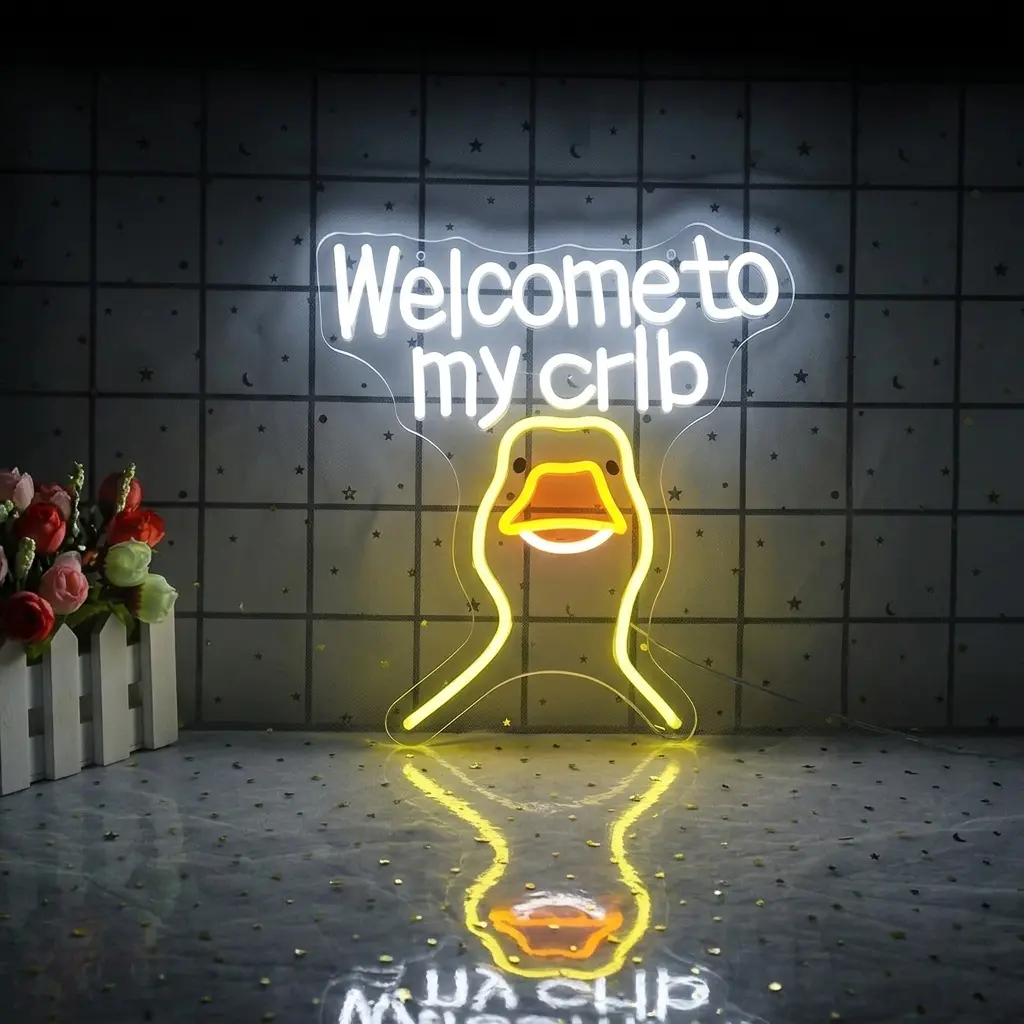Welcome to My Crib Neon Sign, Funny Duck Neon Sign Baby Shower Light LED Room Light Up Signs for Wall Decor, Suitable for Room University Dormitories Bedrooms Room Man Cave Decorations Festivals Outdoor Activities and Gatherings nursery lighting